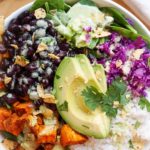 sweet potato and back bean nourish bowl in a white dish