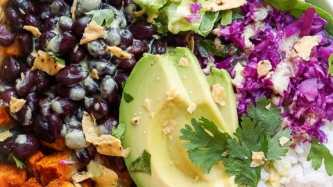 sweet potato and black bean bowls with avocado lime dressing Sweet Potato and Black Bean Burrito Bowls