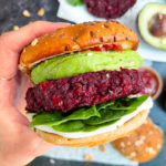 beet and walnut veggie burger on a hamburger bun