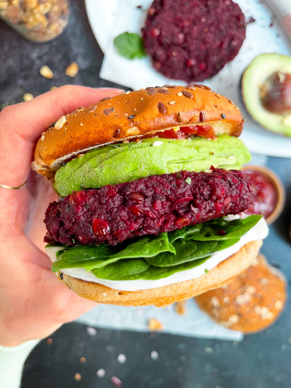 beet and walnut veggie burger on a hamburger bun