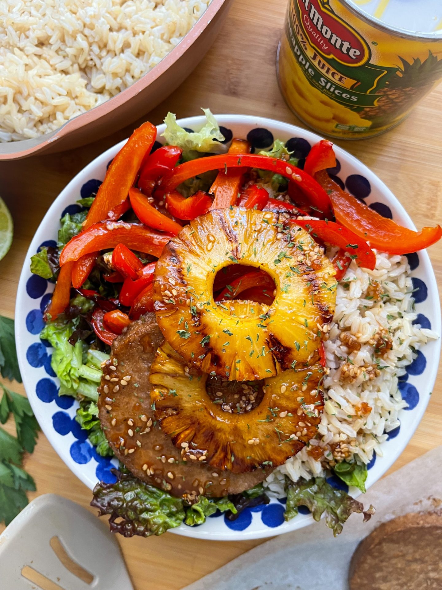 vegan grilled pineapple teriyaki burger bowl recipe