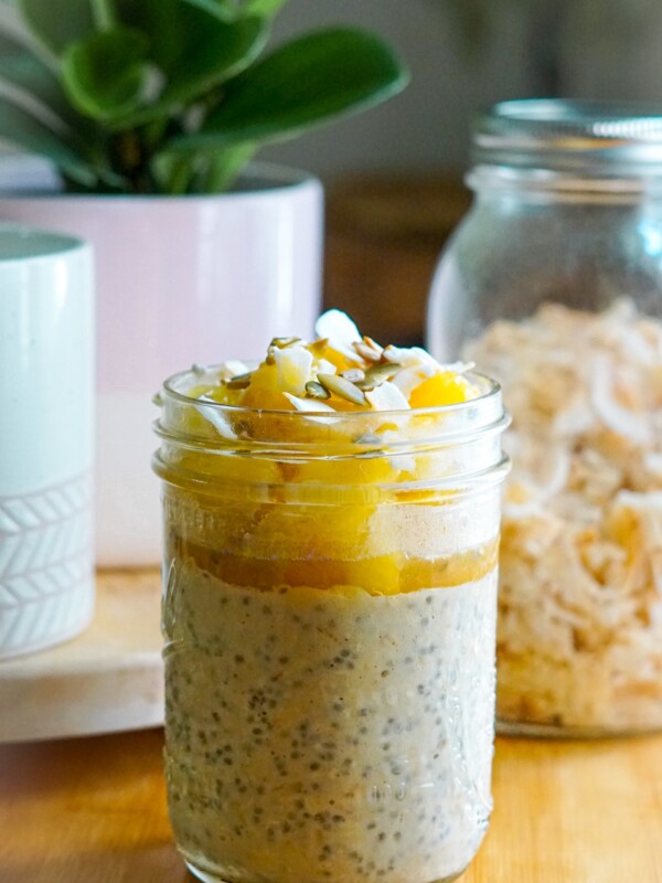 vegan vanilla protein overnight oats with warm pineapple apricot sauce make ahead breakfast recipe