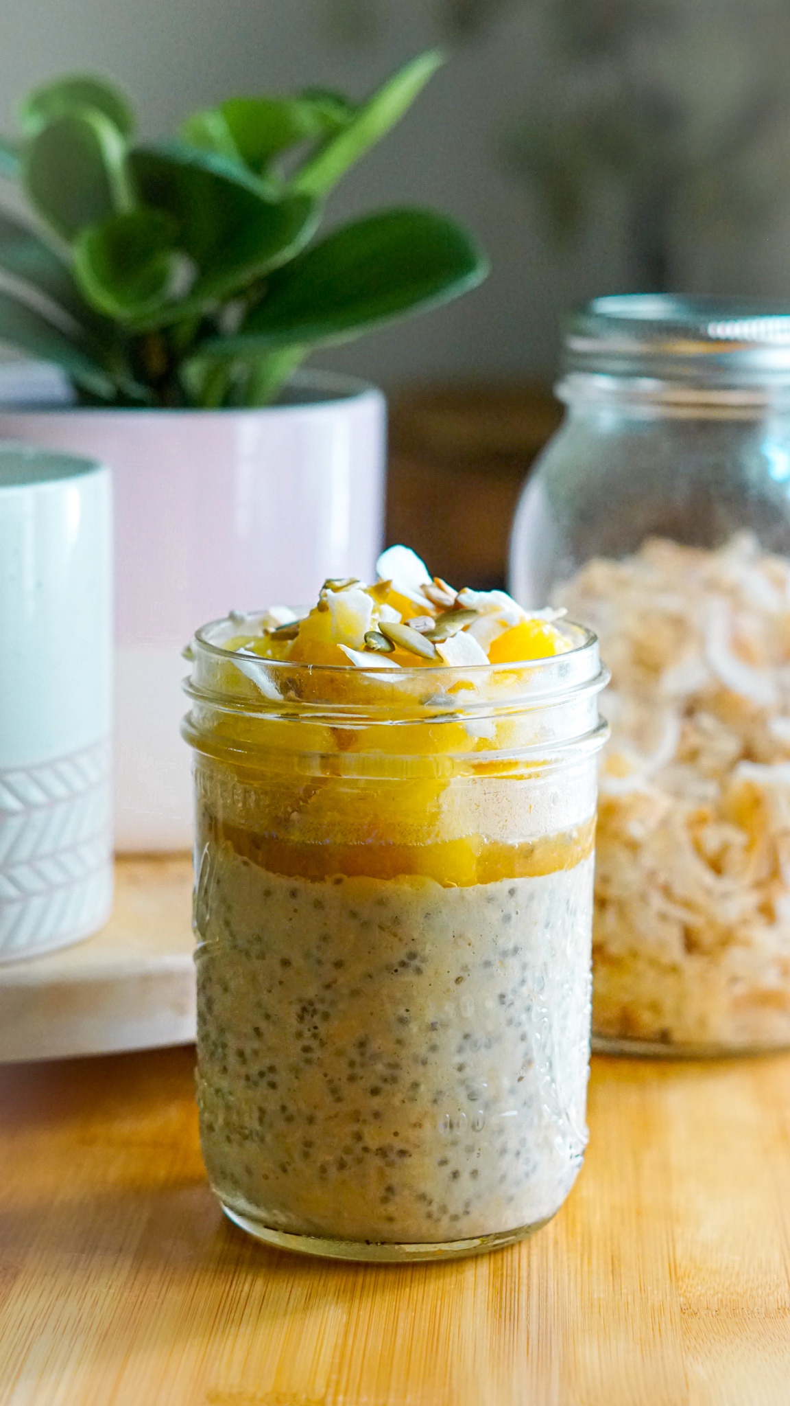 vegan vanilla protein overnight oats with warm pineapple apricot sauce make ahead breakfast recipe
