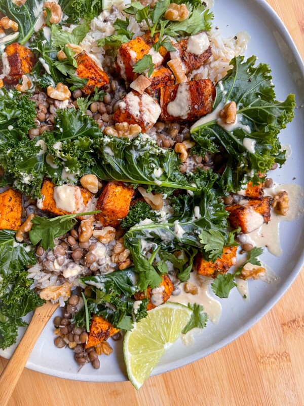 brown rice lentils sweet potatoes walnuts kale cashew butter sauce