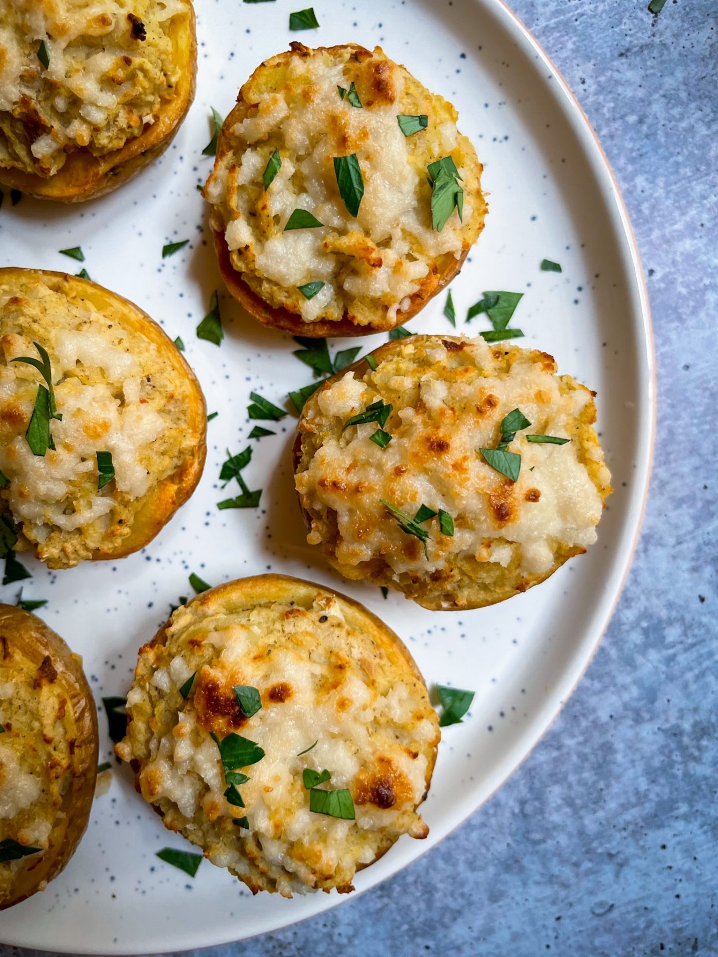 vegan dairy free oil free twice baked potatoes recipe with cauliflower and white beans
