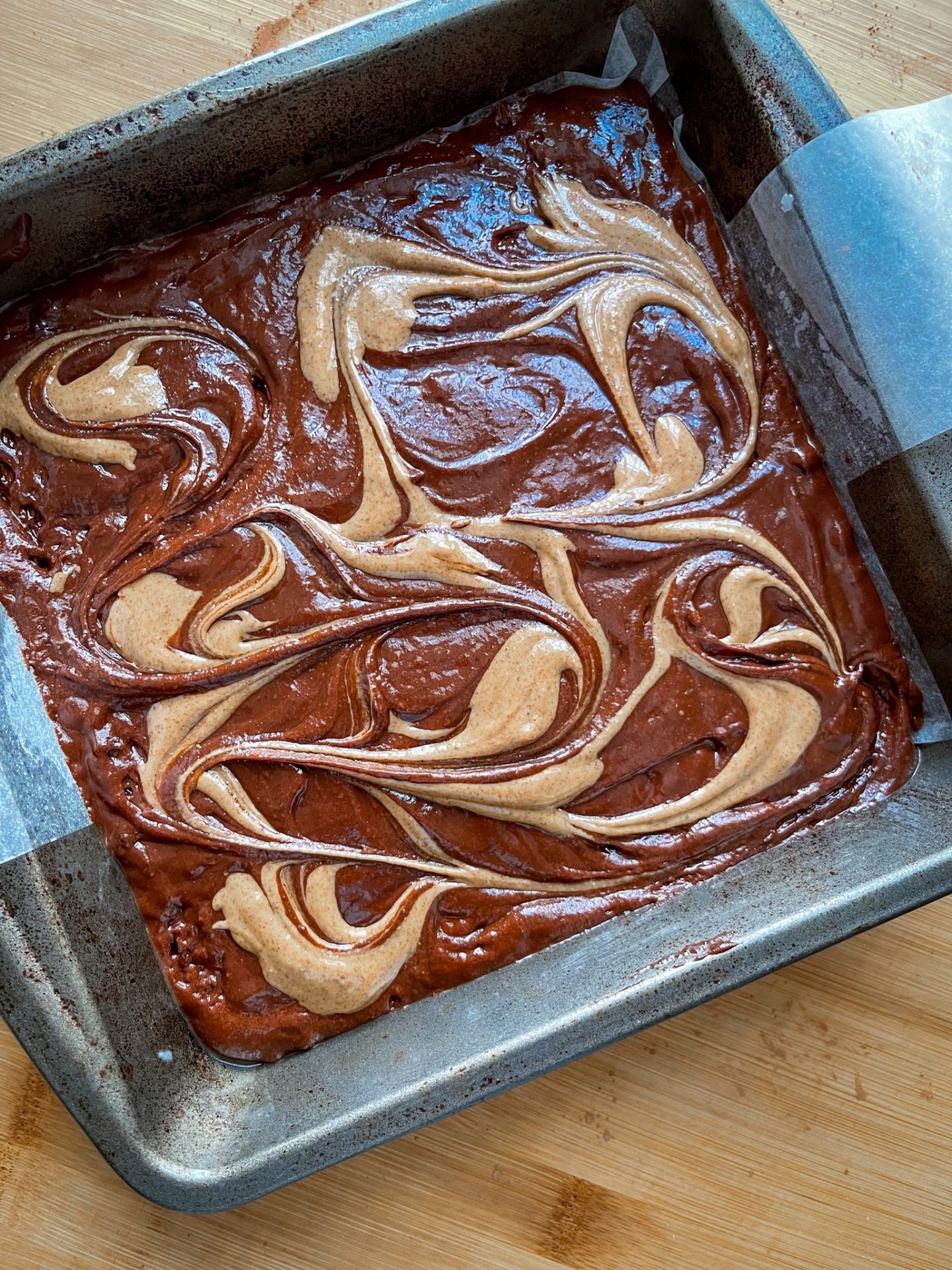 almond butter swirl vegan brownies before baking