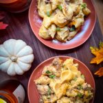 vegan mac and cheese with butternut squash, nutritional yeast, and mushroom tempeh bacon
