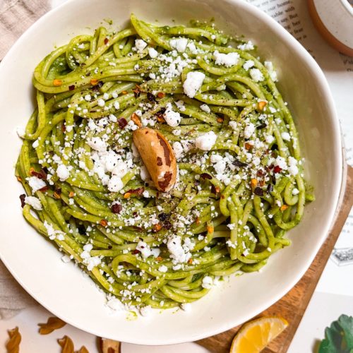 Creamy Brazil Nut Pesto Pasta with Roasted Courgette, Peas