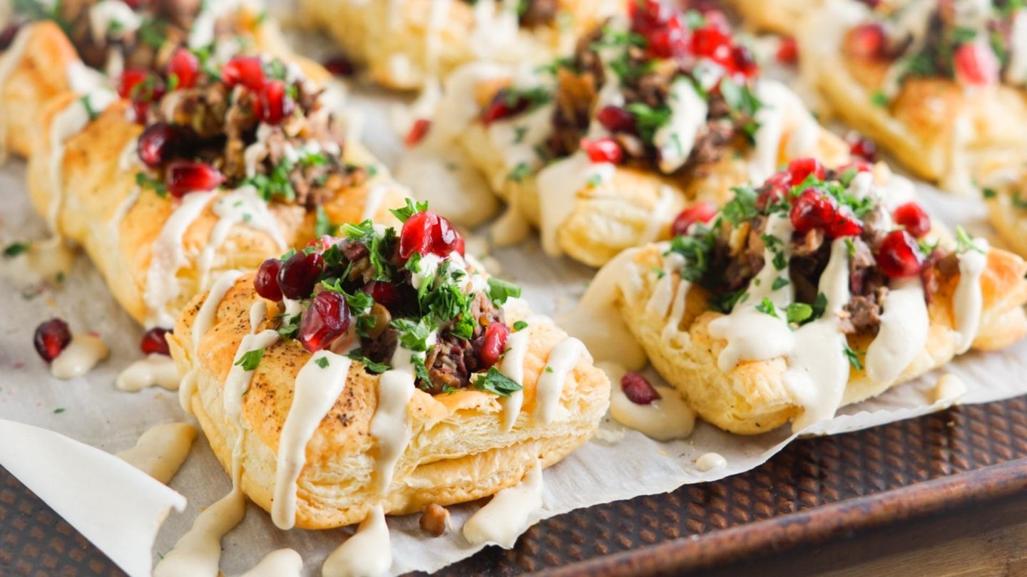 vegan puff pastry appetizer recipe with mushrooms and walnuts
