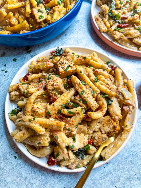 pasta, sun dried tomatoes, kale and pan seared tofu with dairy free cashew cream sauce