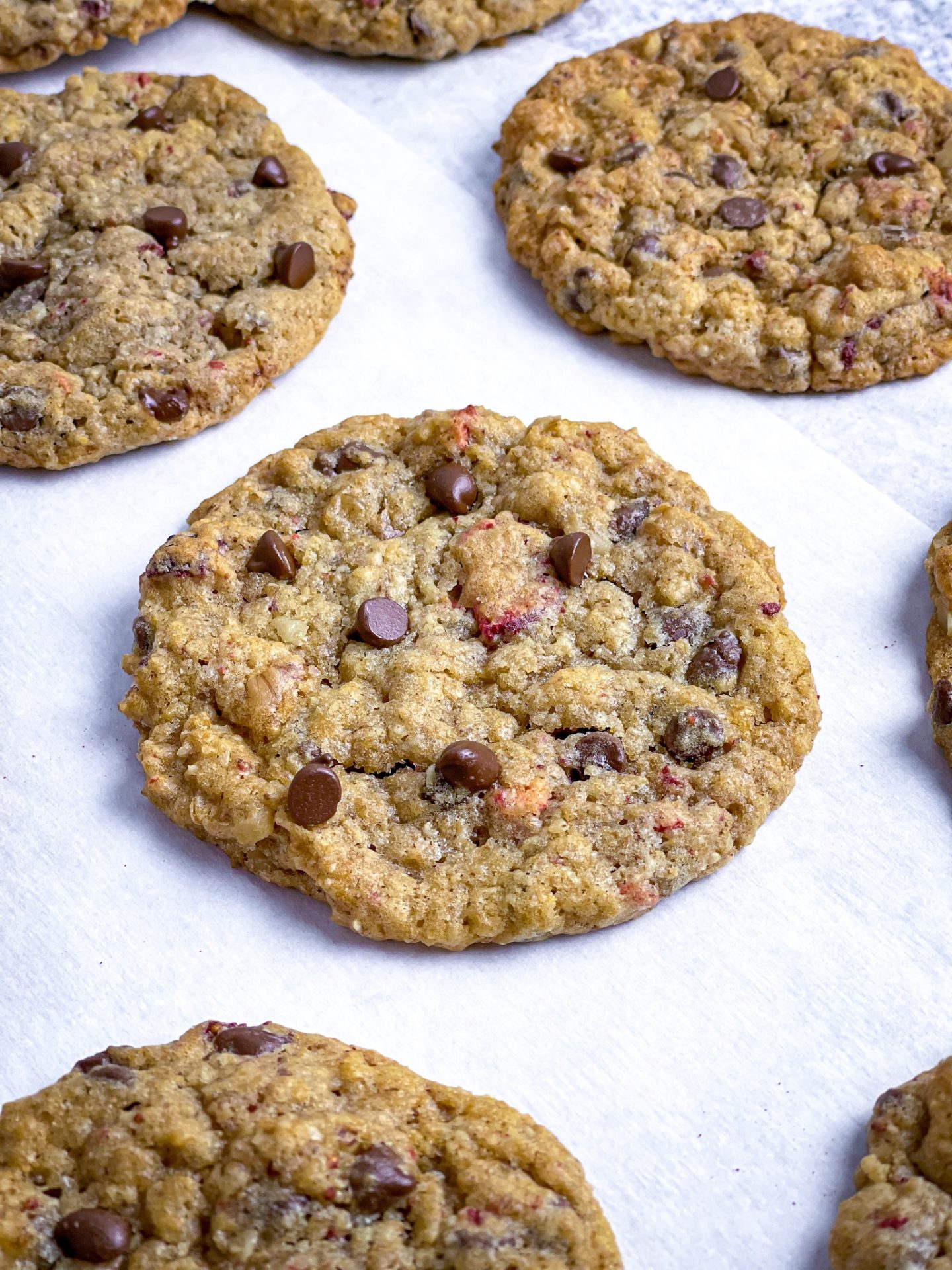 Large soft oatmeal chocolate chip cookies with strawberries and walnuts 