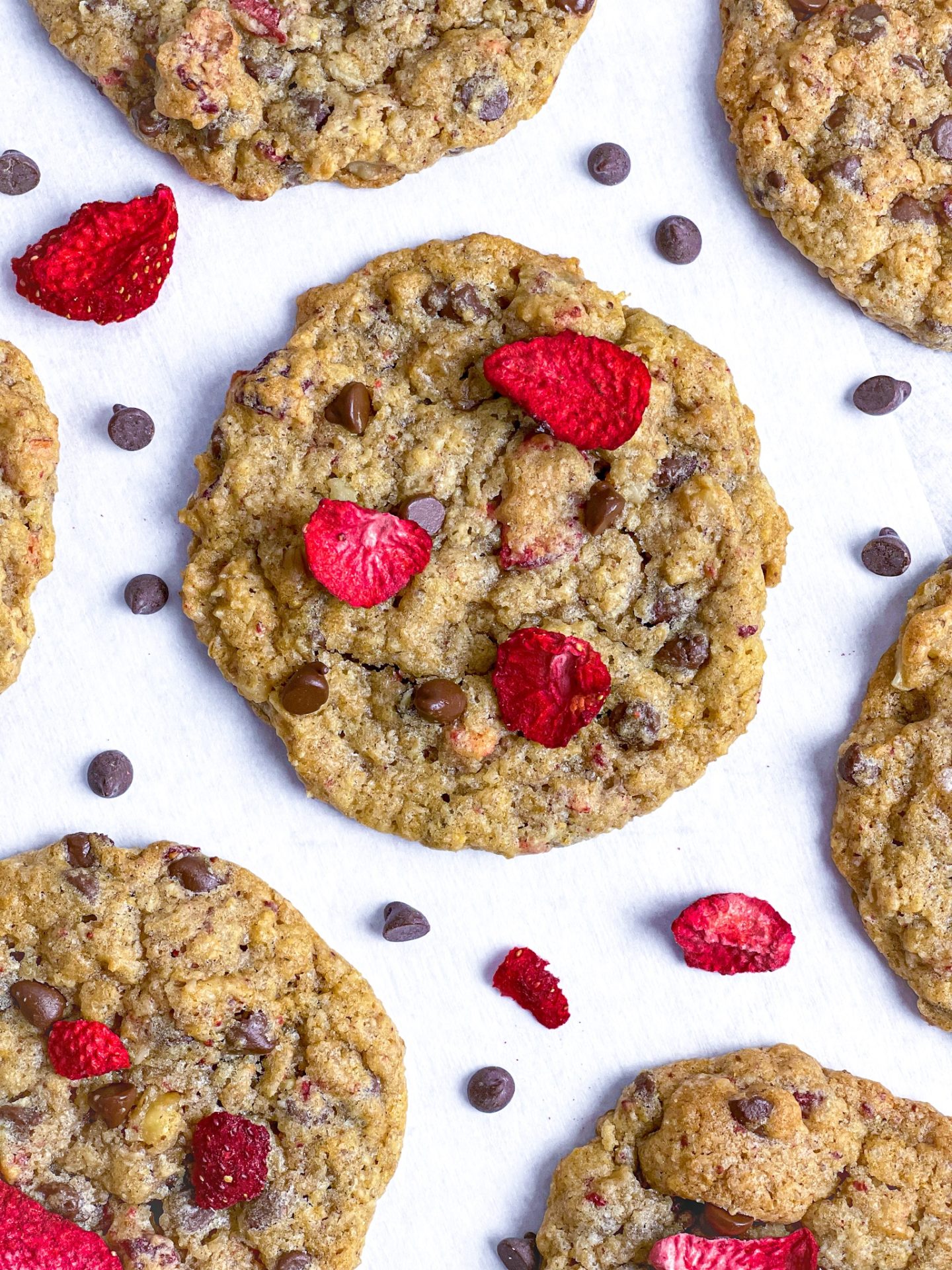 Strawberry chocolate chip cookies with freeze-dried strawberries and vegan chocolate chips