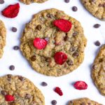 Strawberry chocolate chip cookies with freeze-dried strawberries and vegan chocolate chips
