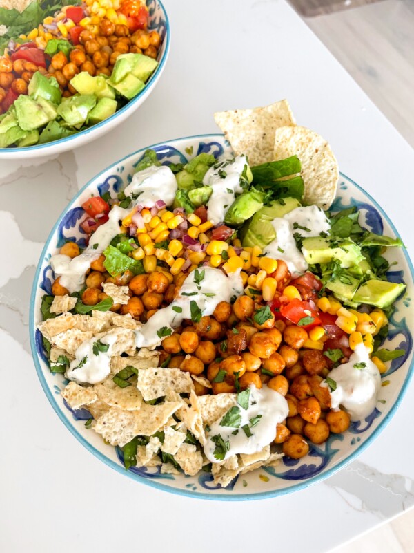 taco salad on a blue and white plate