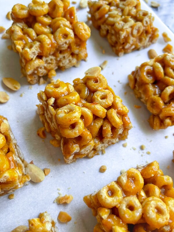 cereal bars on a piece of white parchment paper