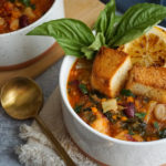 vegetable soup in a white bowl