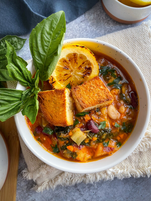 vegetable soup in a white bowl