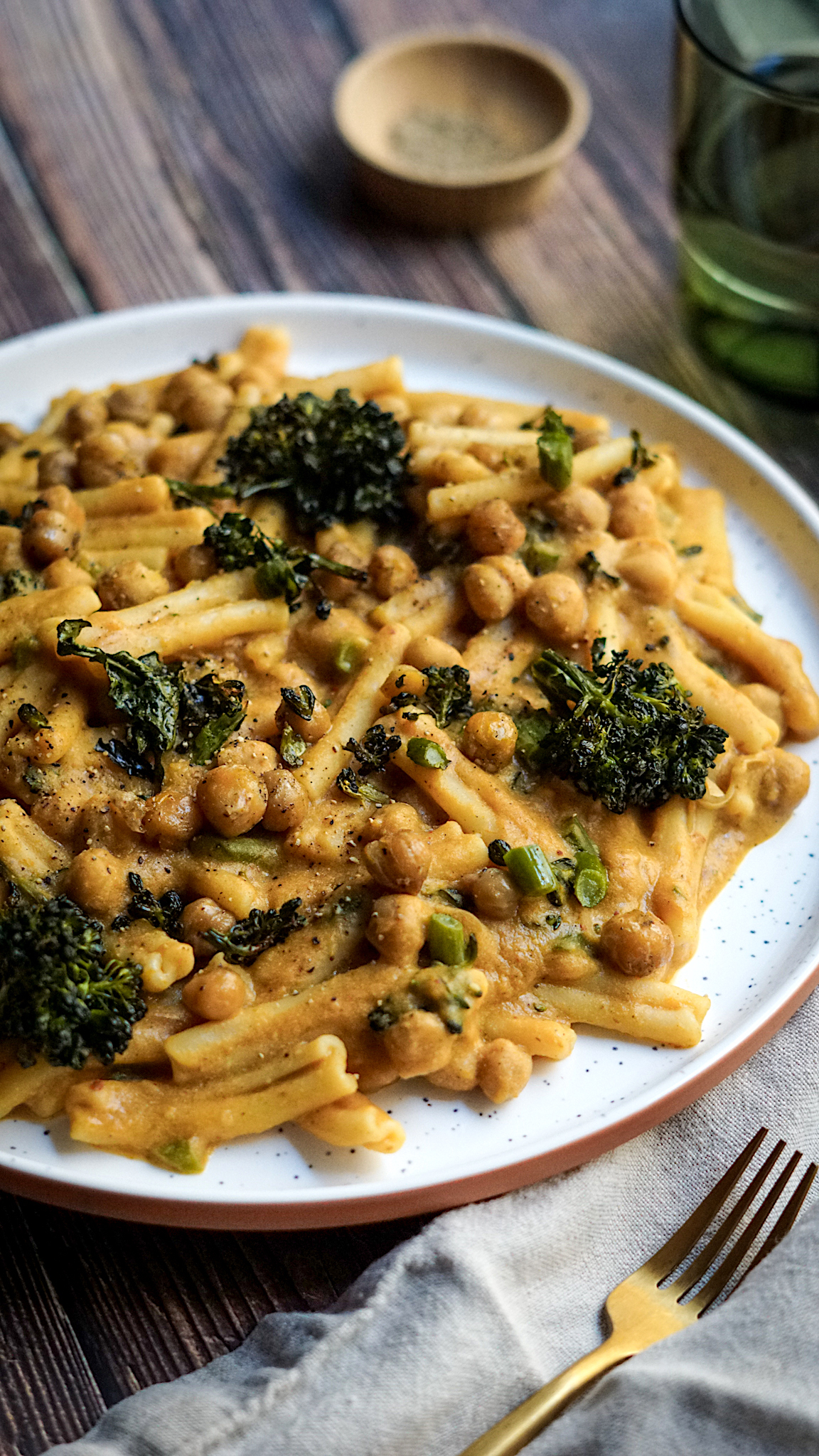 Spicy Pumpkin Pasta with Roasted Broccolini and Chickpeas
