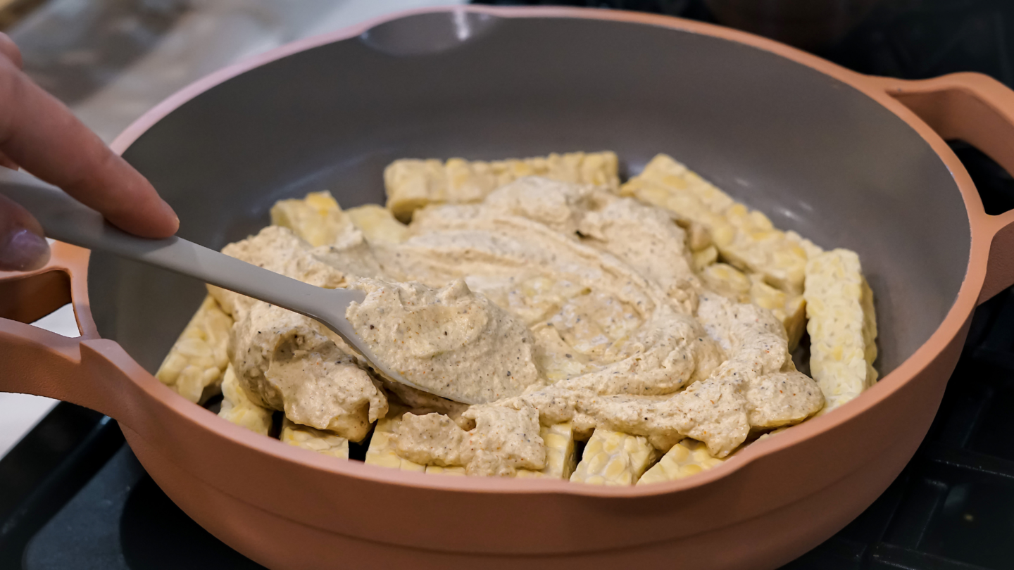 cooking tempeh in a pan