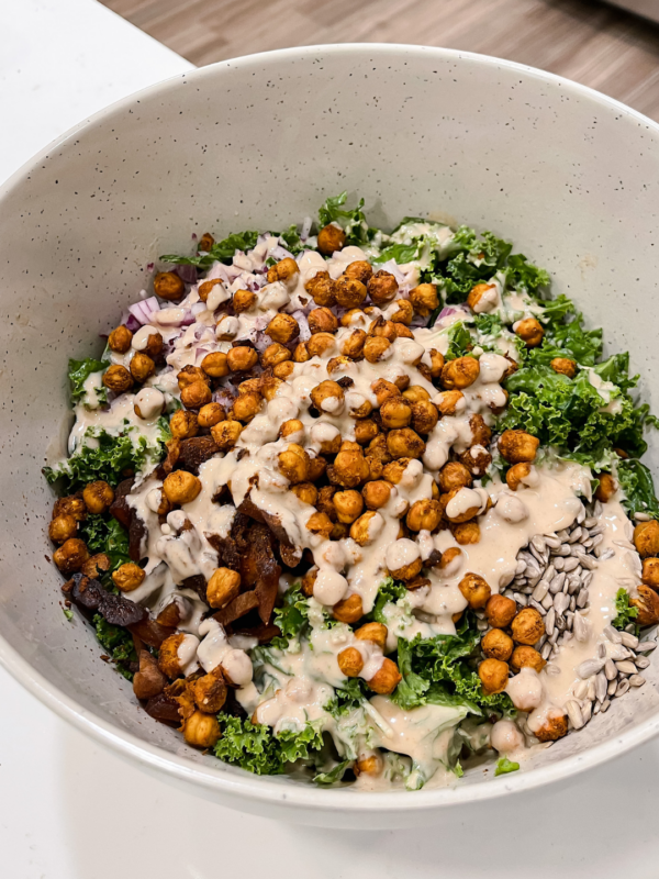 crispy chickpeas on a salad salad with tahini dressing