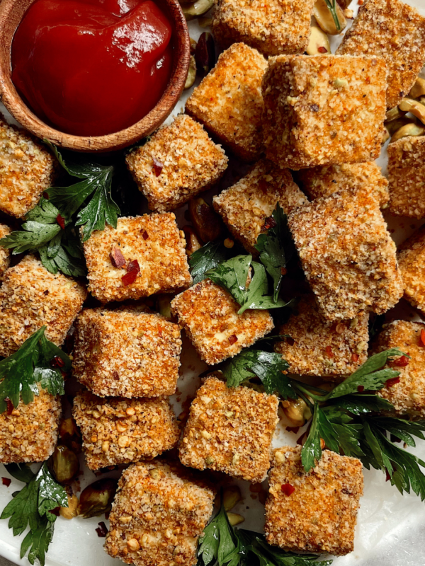 oven-baked tofu nuggets on a white plate