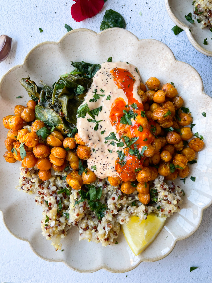 Quinoa Protein Bowls with Roasted Chickpeas and Spicy Greens