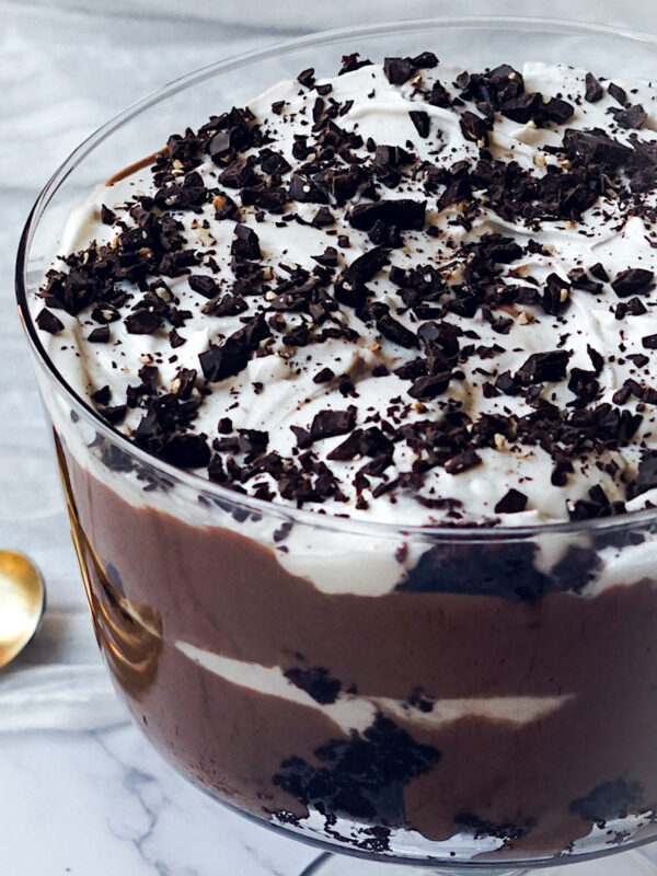 chocolate trifle in a glass bowl