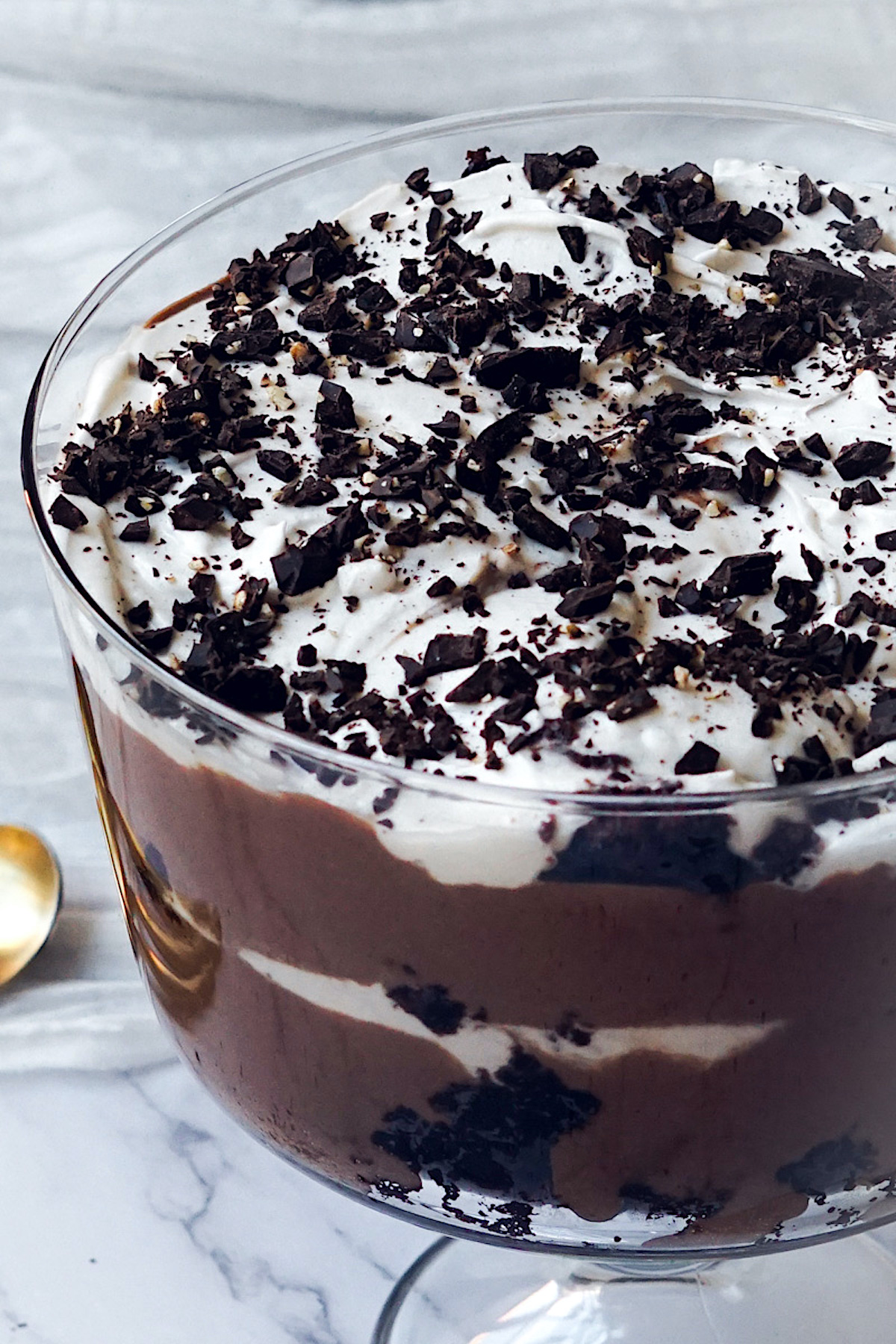 chocolate trifle in a glass bowl