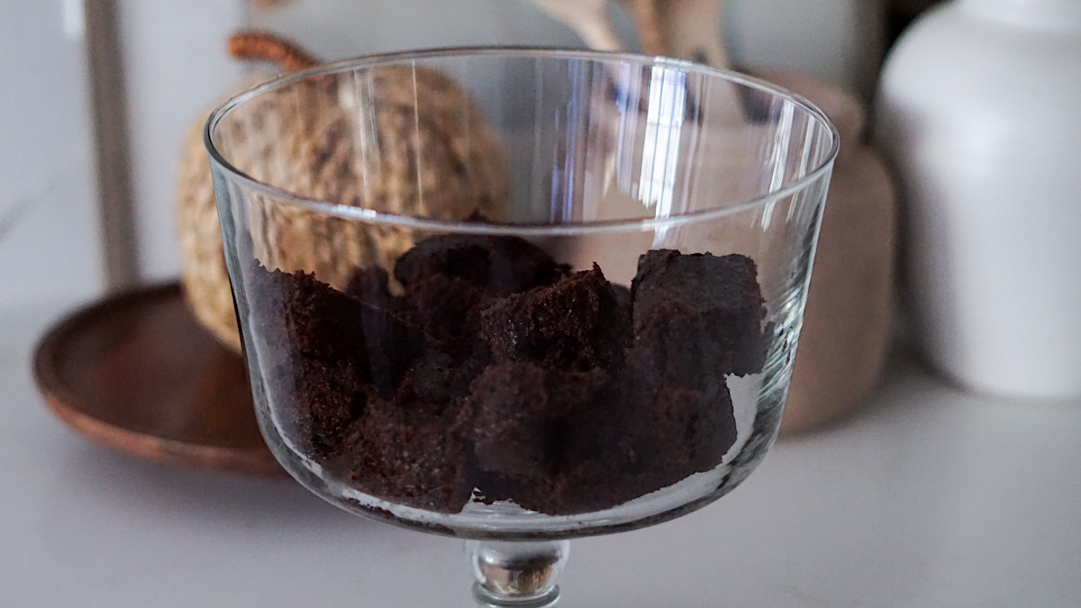 chocolate cake in a glass trifle dish