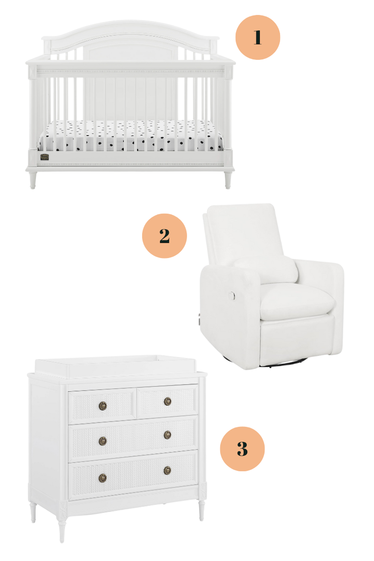 crib, chair, and changing table for nursery
